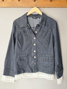 Light Wash Denim Jacket with Upcycled Lace Trim Added